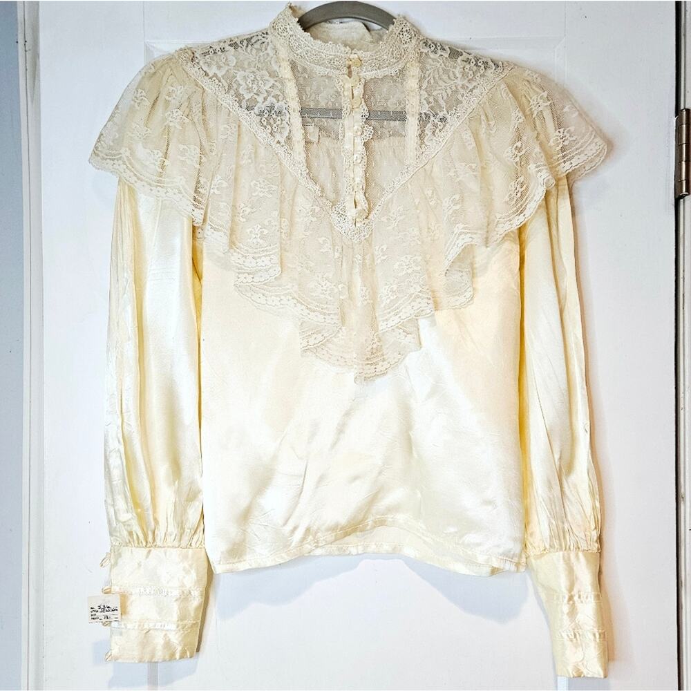 Vintage Gunnies Lace Ruffle Victorian Satin Blouse Cream Ivory